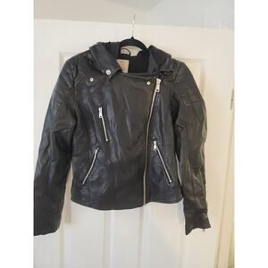 Free People We The Free Monroe Vegan Leather Hooded Biker Jacket Size M Black